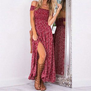 Off Shoulder Shirred Split Ditsy Floral Dress